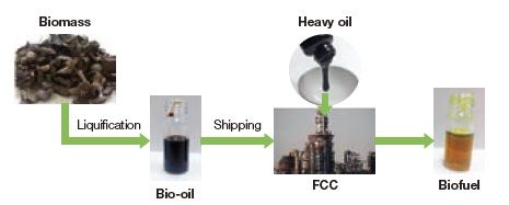 Two-stage process via biomass liquification and FCC
